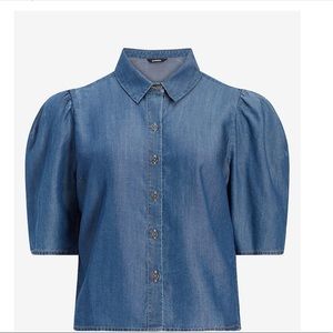 Denim Puff Sleeve Shirt. Never worn, still in original plastic bag, unopened.